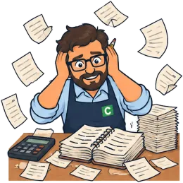 Don Cuenta agobiado entre papeles, con las manos en la cabeza