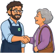 Don Cuenta le da la mano a una clienta del almacén