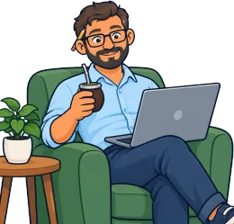 Don Cuenta en su casa, con el mate y la notebook